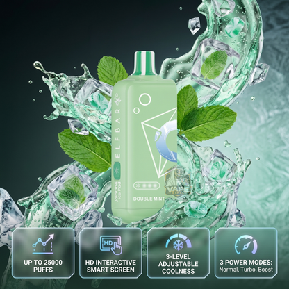 ELFBAR JoinOne Ice 25000 Puffs Double Mint,Green vape device with ice cubes and mint leaves on a dark background