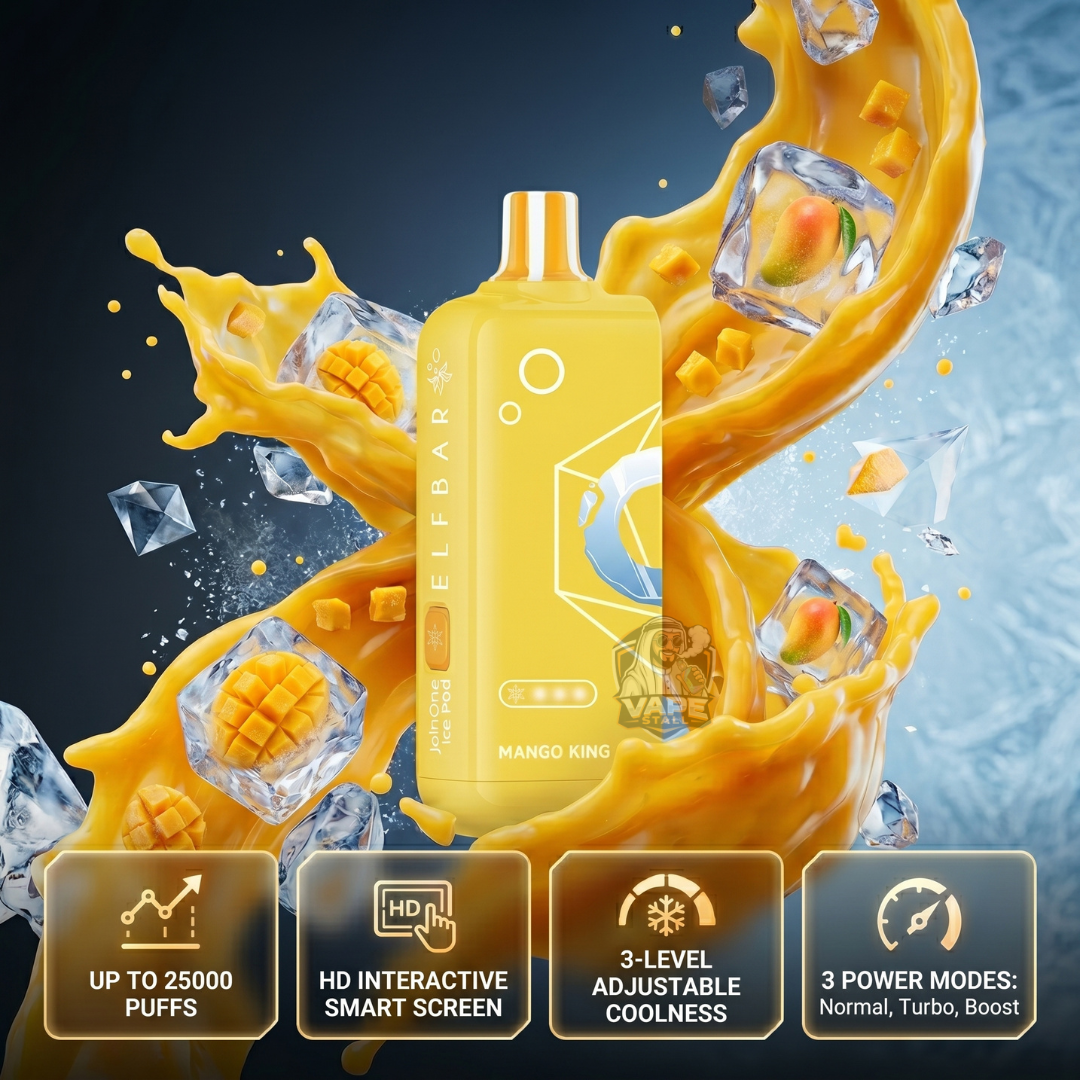 ELFBAR JoinOne Ice 25000 Puffs Mango King. Yellow vape device with mango flavor graphics and feature icons on a dark background