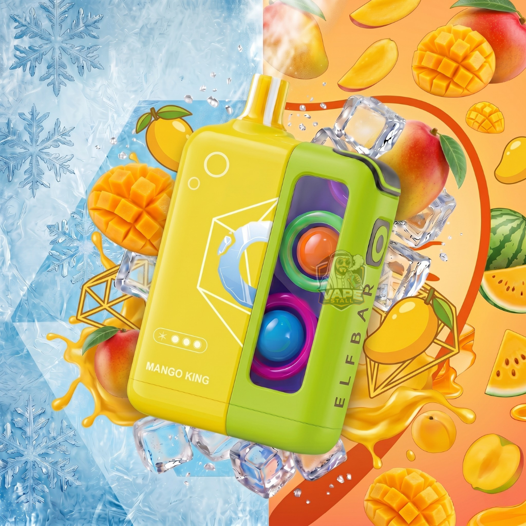 ELFBARJoinOneIce25000PuffsMangoKing, Colorful ice cream toy with mango and watermelon graphics on a vibrant background