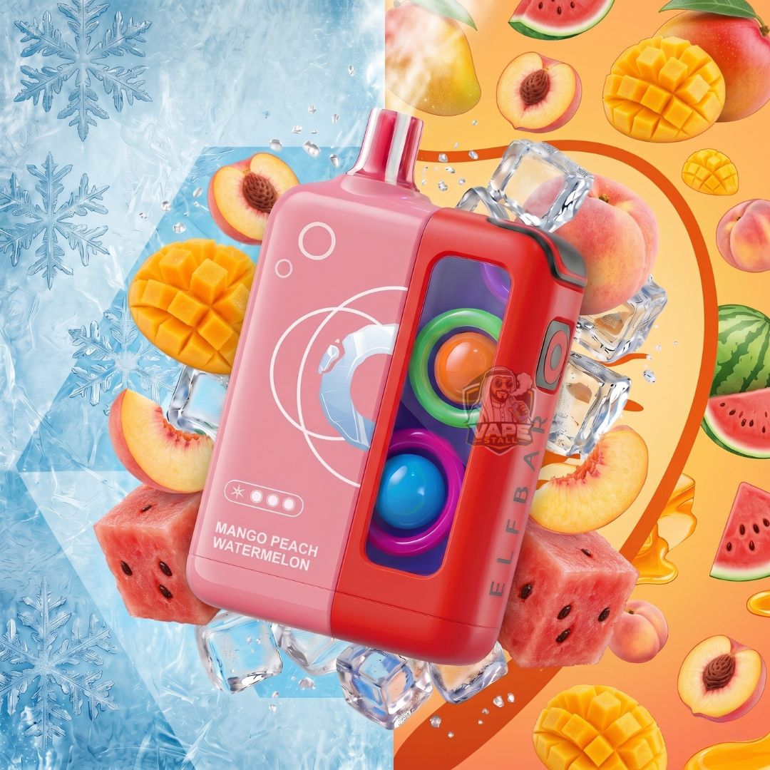 ELFBARJoinOneIce25000PuffsMangoPeachWatermelon, Colorful vape device with fruit-themed design on a vibrant background