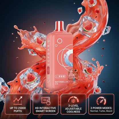ELFBAR JoinOne Ice 25000 Puffs Watermelon Ice. Vape device with watermelon ice flavor surrounded by watermelon slices and ice cubes on a dark background.