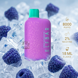 ELFBarEP8000PuffsBlackRaspberry, Purple vape device with green cap on ice and berries, featuring Elfbar branding.