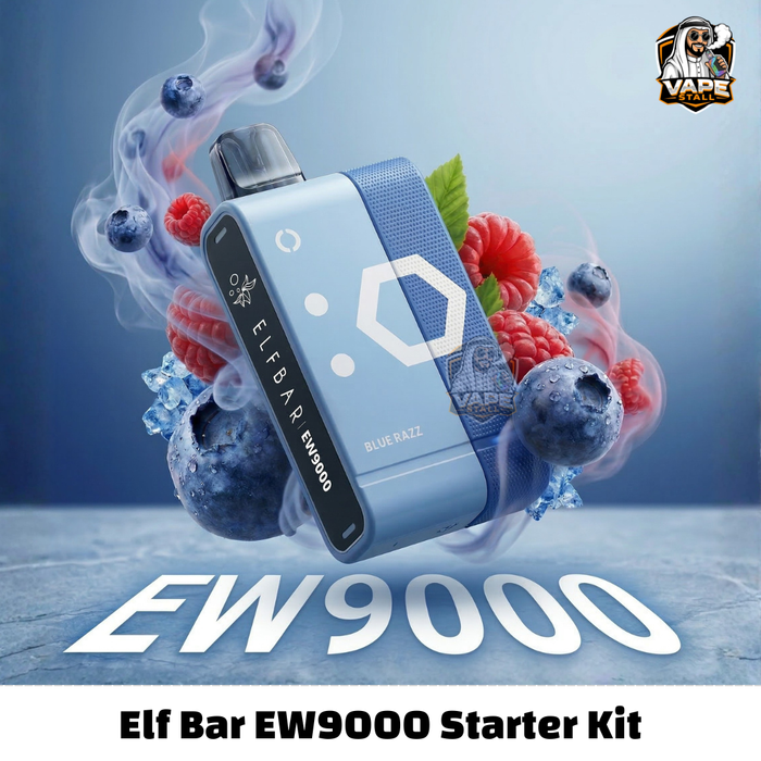 EW9000PrefilledPodKitBLUERAZZ, Elf Bar EW9000 Starter Kit with blueberries and berries on a light blue background