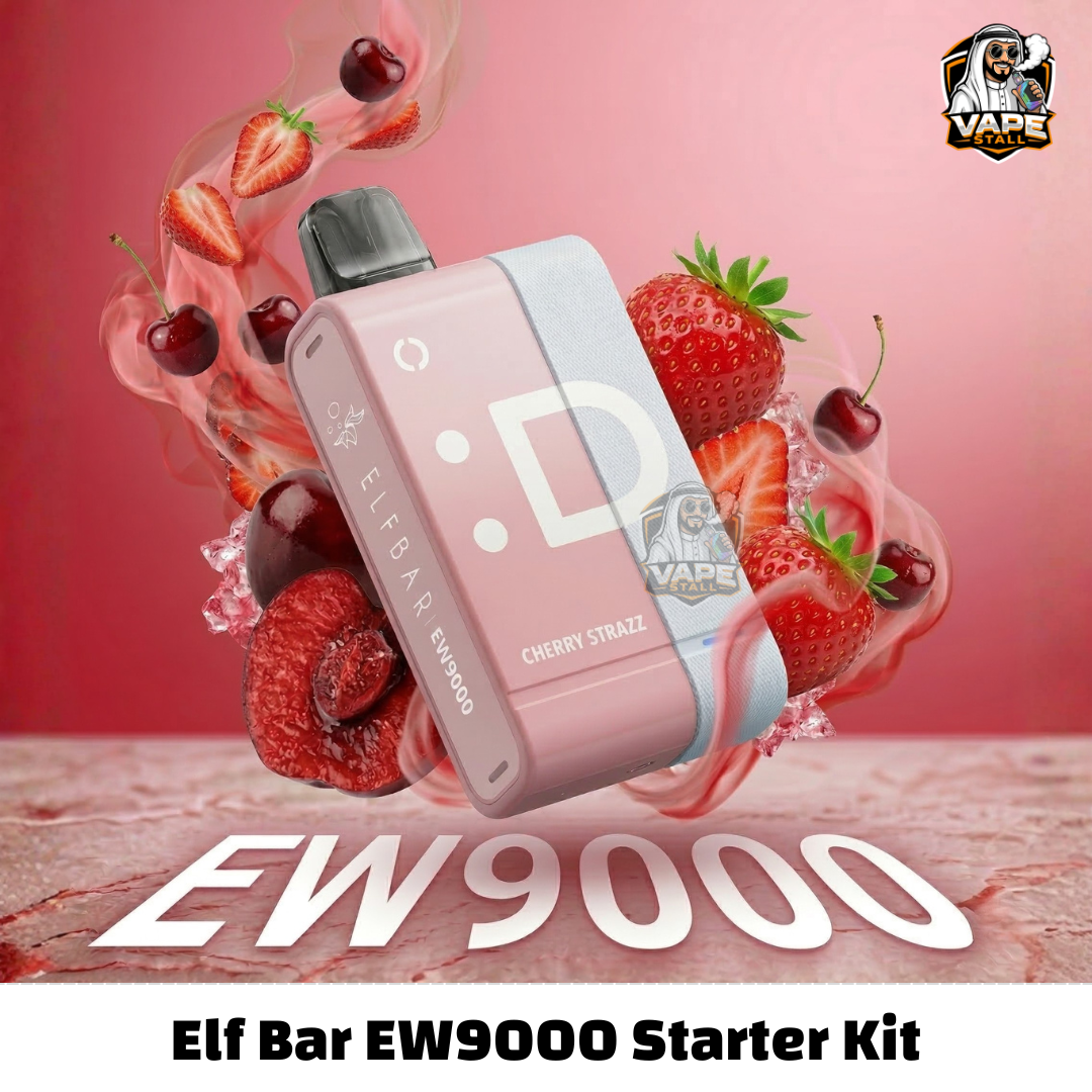 EW9000PrefilledPodKitCherryStrazz, Elf Bar EW9000 Starter Kit with strawberries and cherries on a pink background