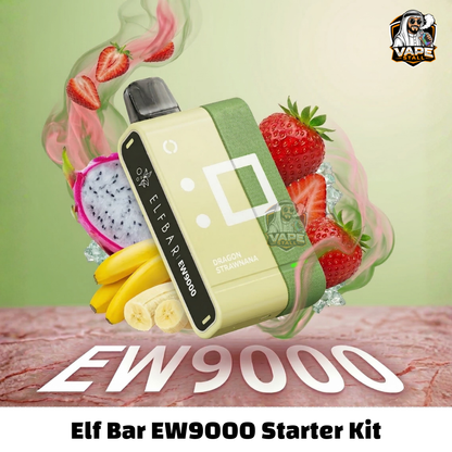 EW9000PrefilledPodKitDragonStrawnana, Elf Bar EW9000 vape starter kit with fruits on a light green background