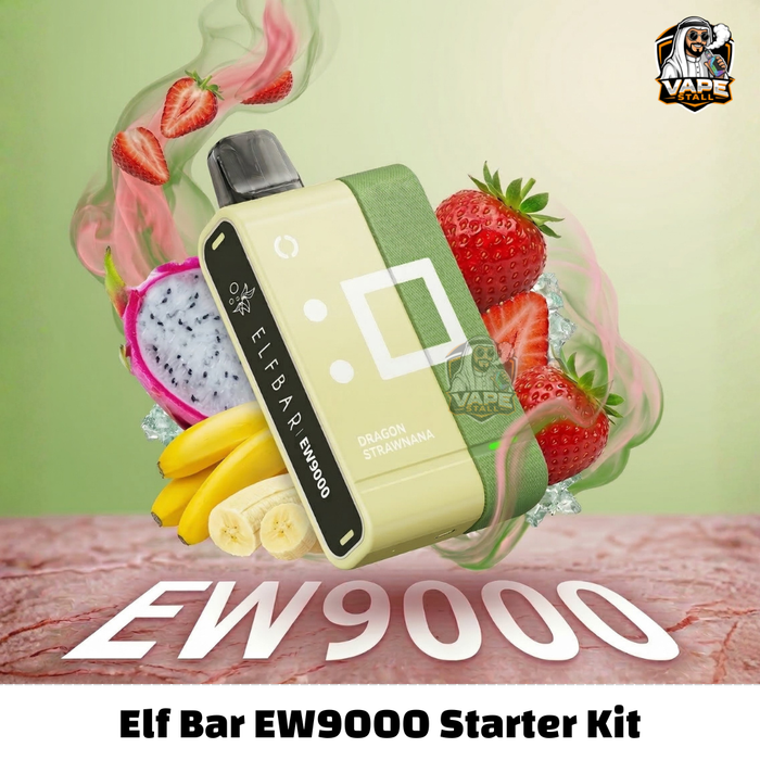 EW9000PrefilledPodKitDragonStrawnana, Elf Bar EW9000 vape starter kit with fruits on a light green background