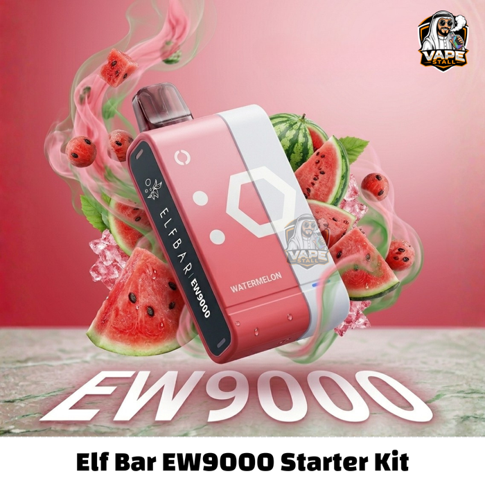 EW9000PrefilledPodKitWatermelon, Elf Bar EW9000 vape starter kit with watermelon flavor on a pink background