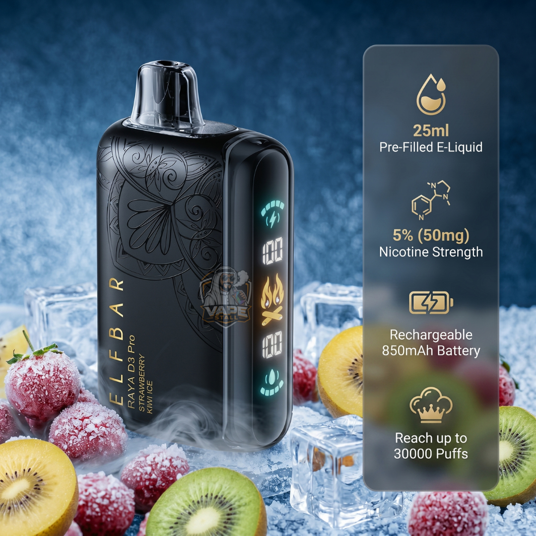 ElfBar30000PuffsRayaD3ProStrawberryKiwiIce, Elfbar vape device with fruit and ice background