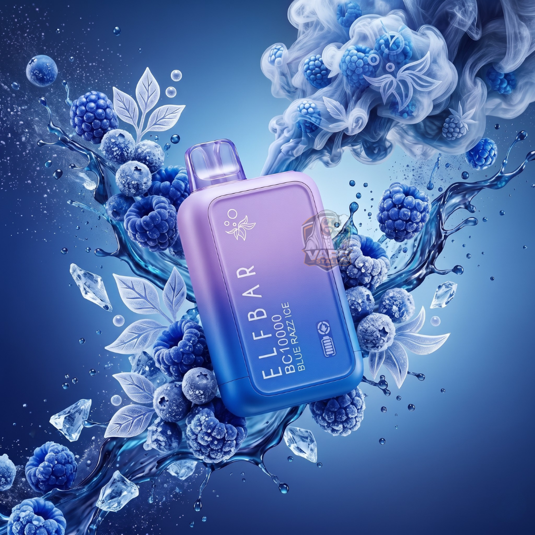 ElfBarBC10000Puffs20_50MGBlueRazzIce, Blue Elf Bar vape device surrounded by blueberries and floral elements on a blue background
