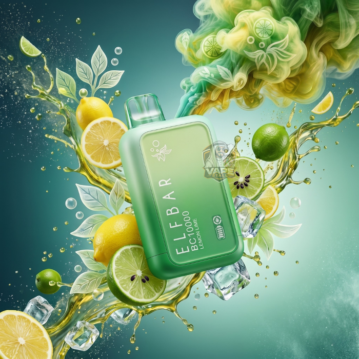 ElfBarBC10000Puffs20_50MGLemonLime, Green bottle with lemon and lime elements on a green background