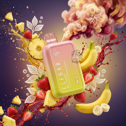 ElfBarBC10000Puffs20_50MGPineappleStrawberryBanana, Elf Bar vape device surrounded by fruit and colorful splashes on a gradient background