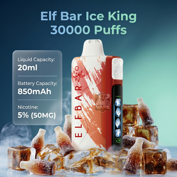 ElfBarIceKing30000PuffsColaIce, Elf Bar Ice King vape device with cola bottles and ice cubes on a blue background
