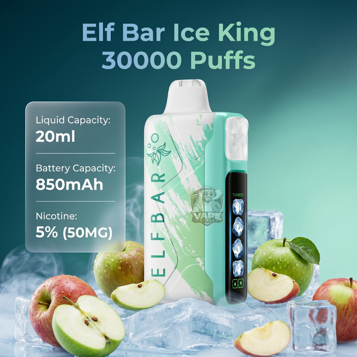 ElfBarIceKing30000PuffsDoubleApple, Elf Bar Ice King vape device with apple slices and ice cubes on a blue background