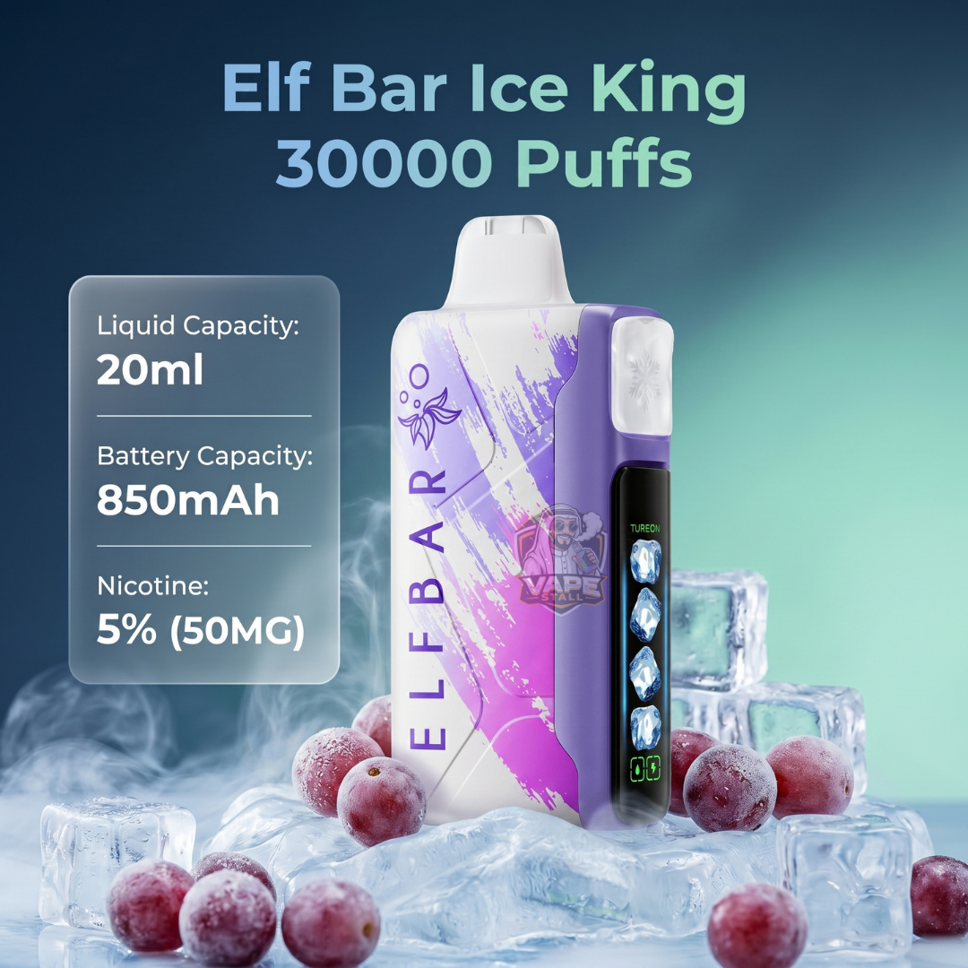 ElfBarIceKing30000PuffsGrapeIce, Elf Bar Ice King vape device with ice cubes and grapes on a dark background