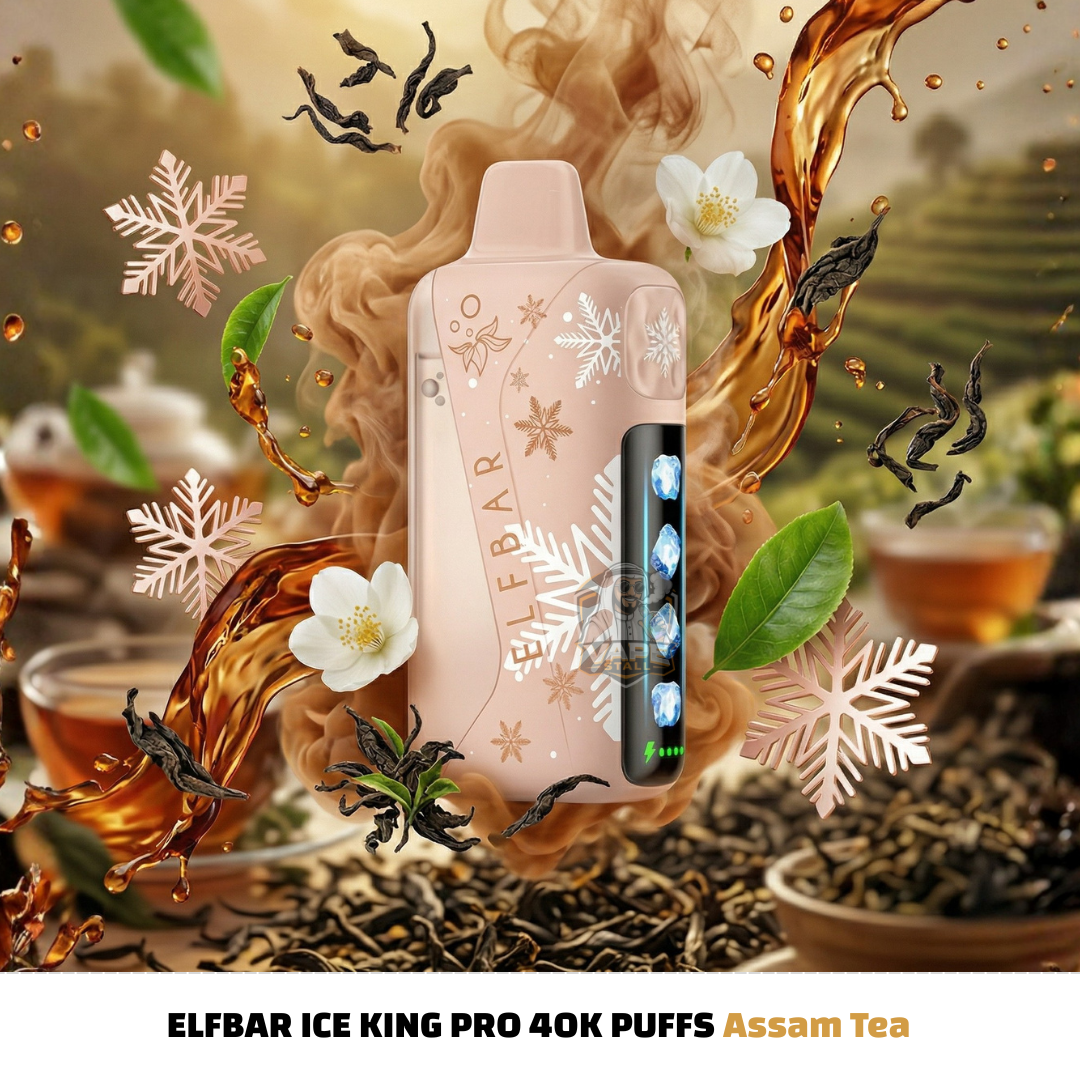 ElfBarIceKingPro40000PuffsDisposableVapeAssamTea, Elfbar Ice King Pro vape device with tea-themed graphics and text.