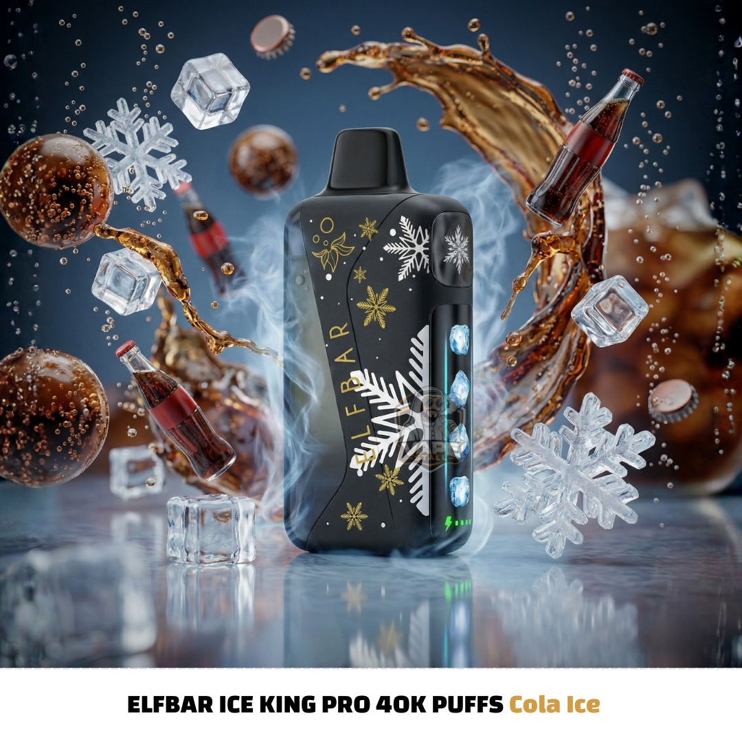 ElfBarIceKingPro40000PuffsDisposableVapeColaIce, Elfbar Ice King Pro 40K Puffs Cola Ice vape device with cola and ice elements in the background
