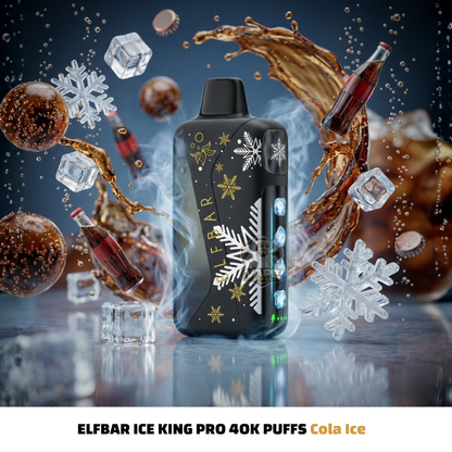 ElfBarIceKingPro40000PuffsDisposableVapeColaIce, Elfbar Ice King Pro 40K Puffs Cola Ice vape device with cola and ice elements in the background