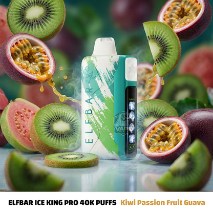 ElfBarIceKingPro40000PuffsDisposableVapeKiwiPassionFruitGuava, Elfbar Ice King Pro vape device surrounded by sliced kiwis, passion fruits, and guava on a colorful background.
