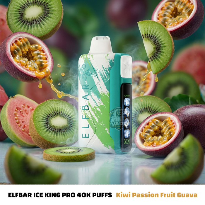 ElfBarIceKingPro40000PuffsDisposableVapeKiwiPassionFruitGuava, Elfbar Ice King Pro vape device surrounded by sliced kiwis, passion fruits, and guava on a colorful background.