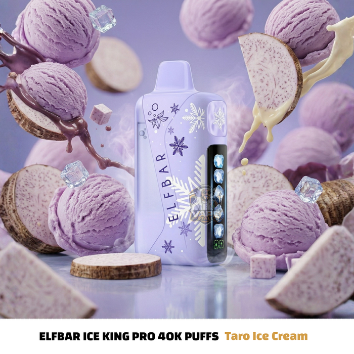 ElfBarIceKingPro40000PuffsDisposableVapeTaroIceCream, Elfbar Ice King Pro 40K Puffs Taro Ice Cream vape device surrounded by ice cream and taro root.