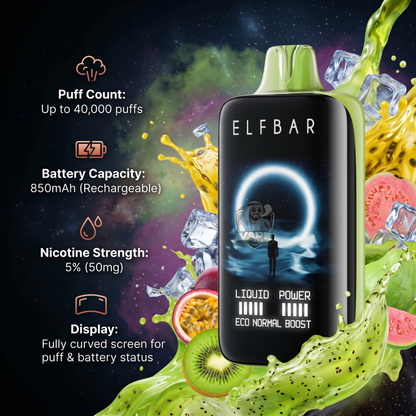 ElfBarMoonNight40000KiwiPassionfruitGuava, Elfbar vape device with colorful fruit and ice background