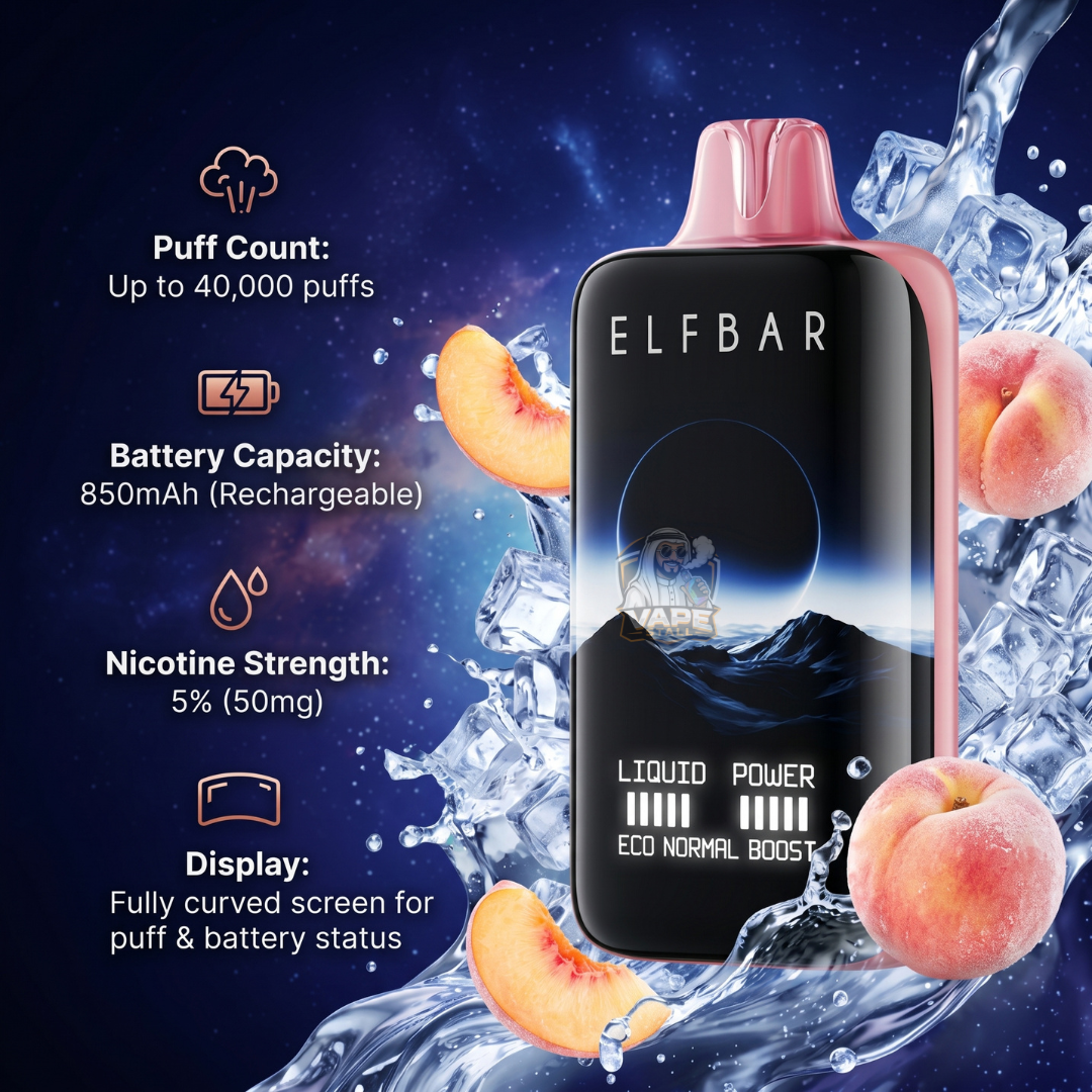 ElfBarMoonNight40000Peachice, Elfbar vape device with peach slices and ice cubes on a dark background