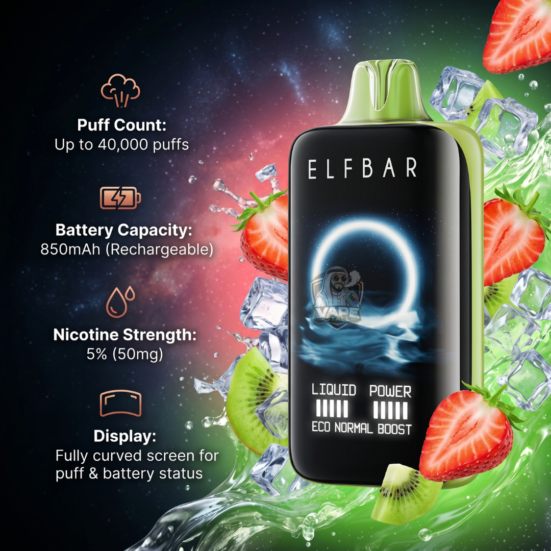 ElfBarMoonNight40000StrawberryKiwiIce, Elfbar vape device with fruit and ice background