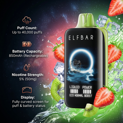 ElfBarMoonNight40000StrawberryKiwiIce, Elfbar vape device with fruit and ice background