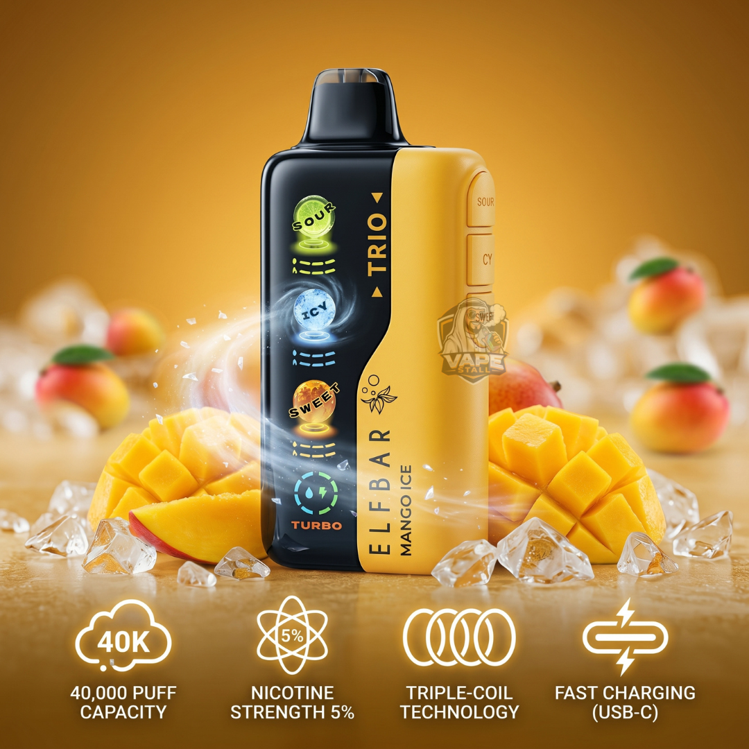 ElfBarTrio40000Puffs5_MangoIce, Elf bar Mango Ice vape device with mango slices and ice cubes on a wooden surface.