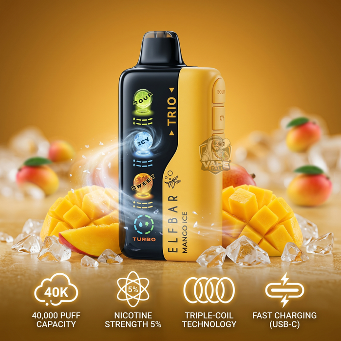 ElfBarTrio40000Puffs5_MangoIce, Elf bar Mango Ice vape device with mango slices and ice cubes on a wooden surface.