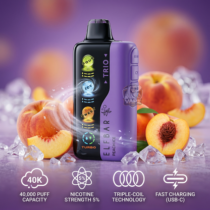 ElfBarTrio40000Puffs5_Peachice, Elf bar vape device with peaches and ice cubes on a purple background