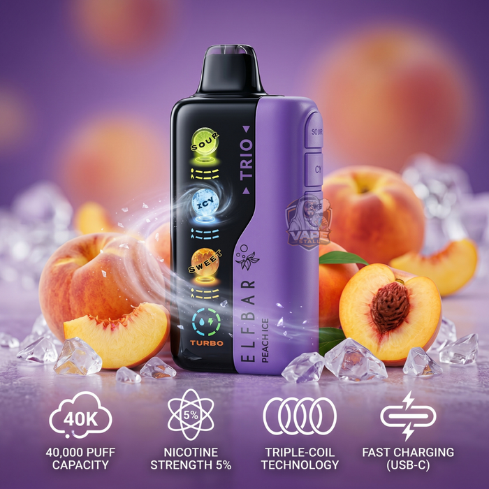 ElfBarTrio40000Puffs5_Peachice, Elf bar vape device with peaches and ice cubes on a purple background