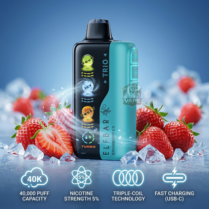 ElfBarTrio40000Puffs5_StrawberryIce, Vape device with strawberry and ice elements on a blue background