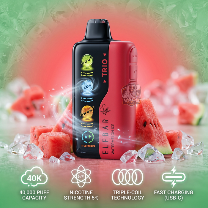 ElfBarTrio40000Puffs5_WatermelonIce, Vape device with watermelon slices and ice cubes on a colorful background