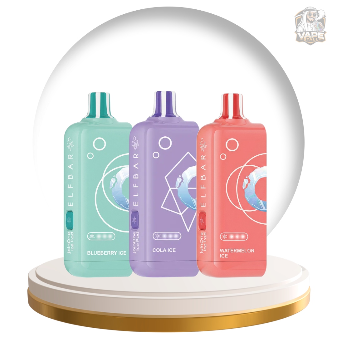 Elf bar JoinOne Ice 25000 puff 50mg replacement pod in UAE. Three vape devices in blue, purple, and pink with 'ELFBAR' branding inside a glass dome.