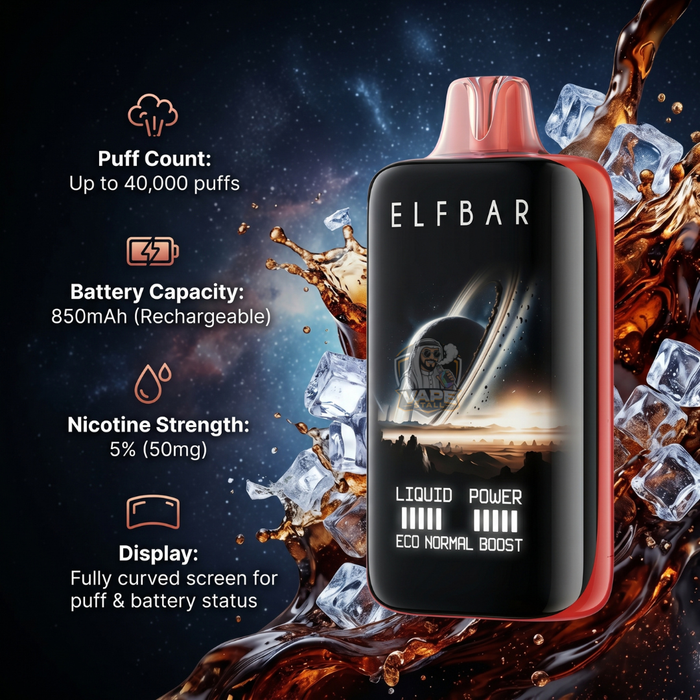 Elf bar Moon Night 40000 Puffs Vape 50mg in UAE Cola Ice, Elfbar vape device with specifications on a dark background with liquid effects