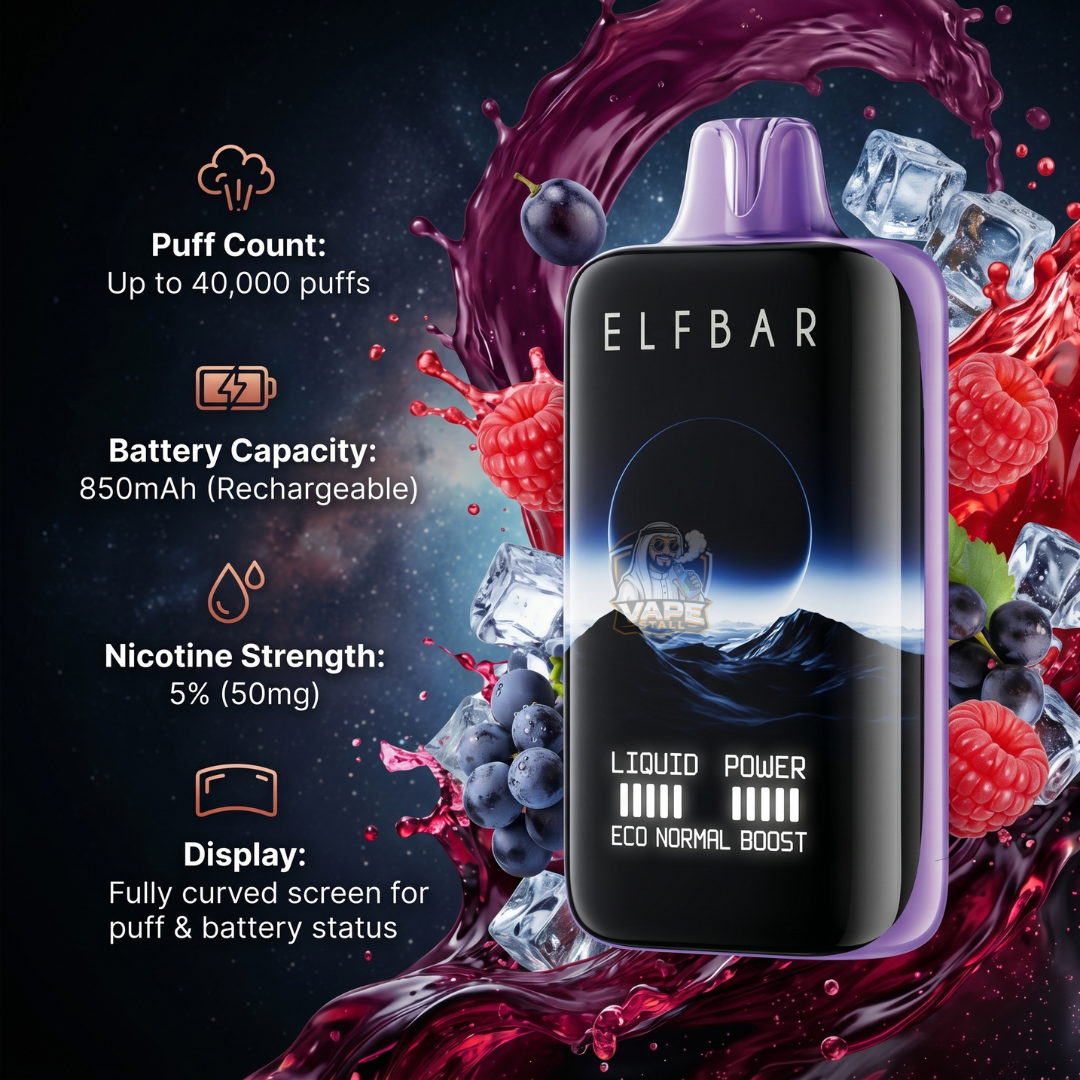 Elf bar Moon Night 40000 Puffs Vape 50mg in UAE Grape Raspberry, Elfbar vape device with colorful fruit and ice background