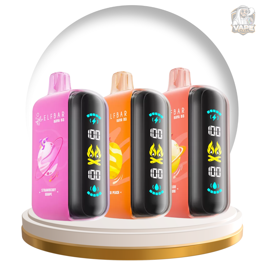 Elf bar Raya D3 25000 Puffs Disposable Vape 50mg in UAE, Set of colorful vape devices on a rotating stand with a transparent dome cover.