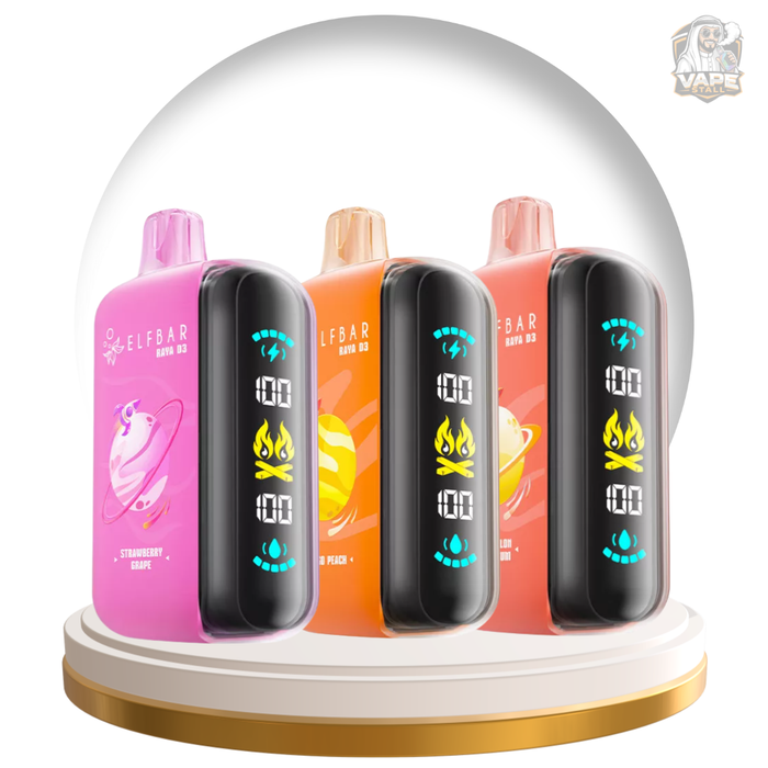 Elf bar Raya D3 25000 Puffs Disposable Vape 50mg in UAE, Set of colorful vape devices on a rotating stand with a transparent dome cover.