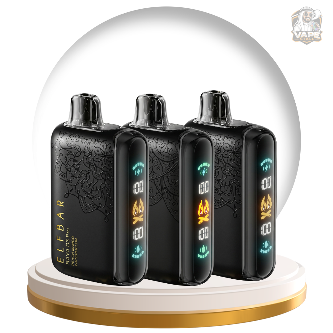 Elf bar Raya D3 Pro 30000 Puffs 50mg Disposable Vape in UAE, Four black vape devices with digital displays on a white and gold stand, branded 'Elf Bar'.