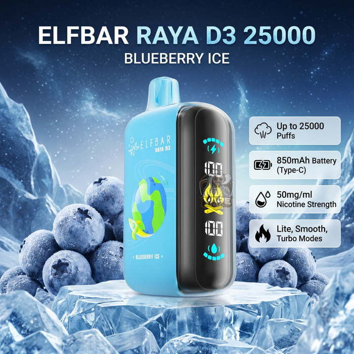 ELFBAR RAYA D3 25000 Blueberry ice vape device with blueberries and ice in the background