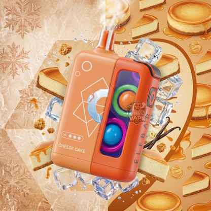 Elfbarjoinoneicekit25000puffs50mgCheeseCakeflavour, Orange electronic device with colorful buttons on a cheesecake-themed background
