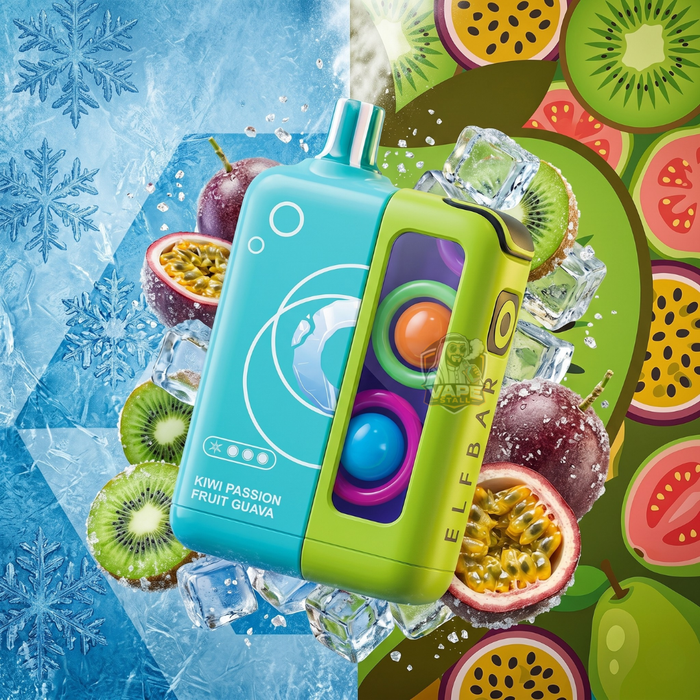 Elfbarjoinoneicekit25000puffs50mgKiwiPassionFruitGuava, Colorful vape device with fruit-themed design on a vibrant background