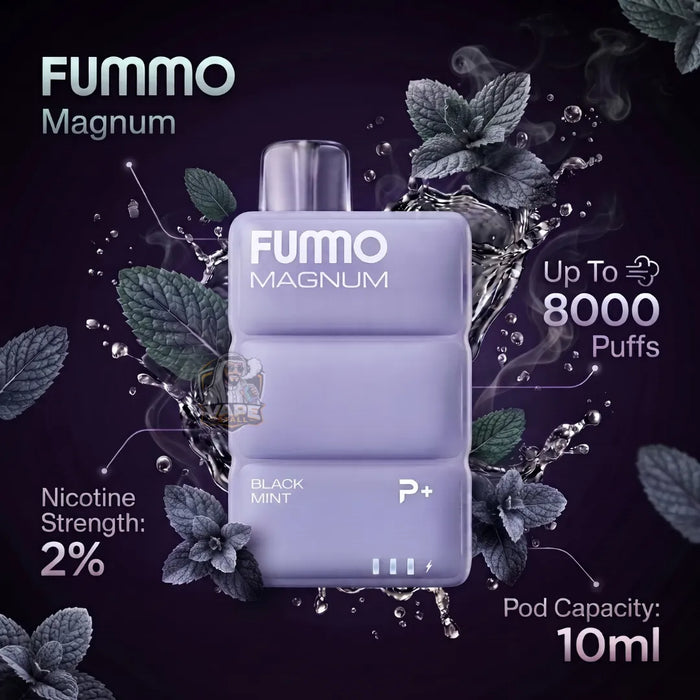 FUMMO Magnum pod vape device in a lavender purple color, surrounded by mint leaves and water splashes on a dark purple background. Text overlays specify 'FUMMO Magnum', 'Black Mint', 'Up To 8000 Puffs', 'Nicotine Strength: 2%', and 'Pod Capacity: 10ml'.