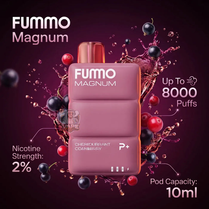 FUMO Magnum nicotine pouch packaging shown in a centered studio-style graphic with fruit splashes and text callouts. The pouch is dusty pink with a metallic rose-gold cap, and the image includes text reading 'FUMO Magnum,' 'Up To 8000 Puffs,' 'Nicotine Strength: 2%,' and 'Pod Capacity: 10ml.