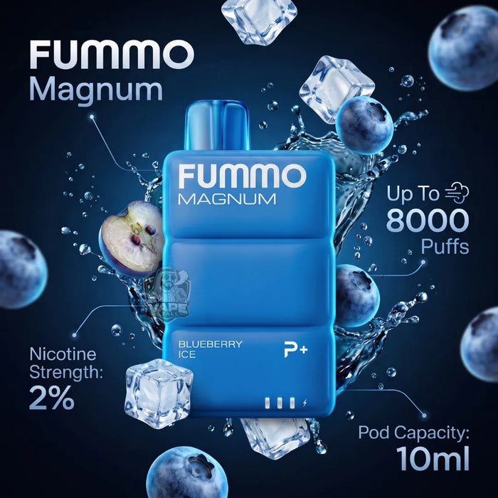 Fummo Magnum Blueberry Ice pod vape packaging shown in a dynamic promotional graphic with floating ice cubes, blueberries, and text highlighting 8000 puffs, 2% nicotine strength, and 10ml pod capacity.