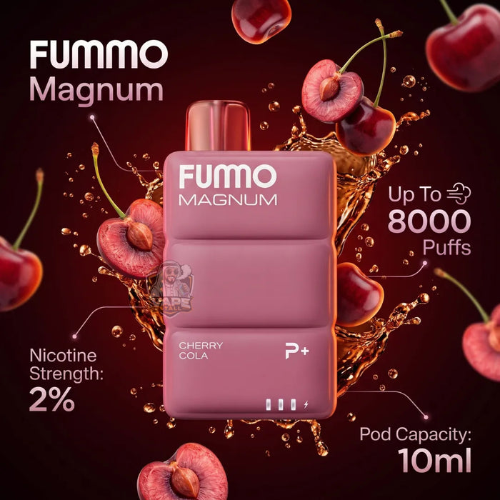 FUMO Magnum Pod System vape pod in Cherry Cola flavor, shown against a dark red background with cherry graphics and liquid splash effects. Text highlights 'Up To 8000 Puffs', 'Nicotine Strength: 2%', and 'Pod Capacity: 10ml'.
