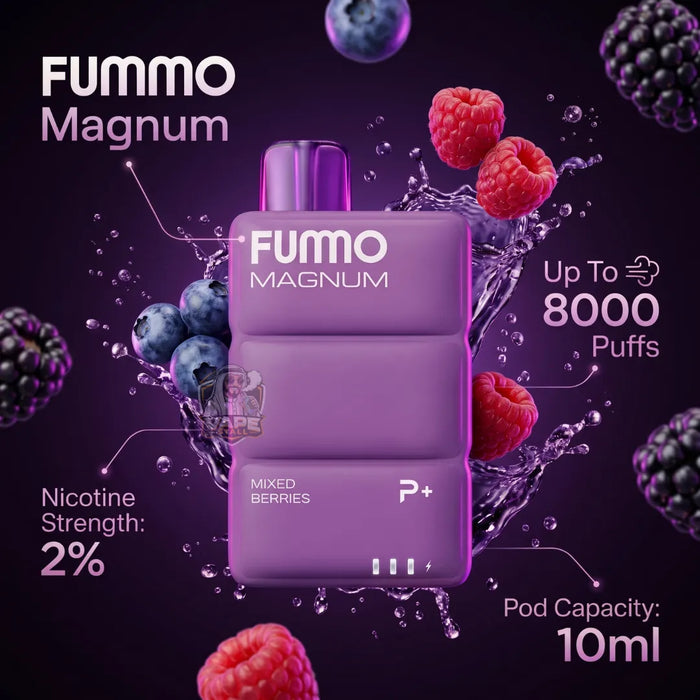 FUMO Magnum Pod P+ disposable vape device in purple, surrounded by berry splashes and text detailing its 10ml pod capacity, 8000 puffs, and 2% nicotine strength.