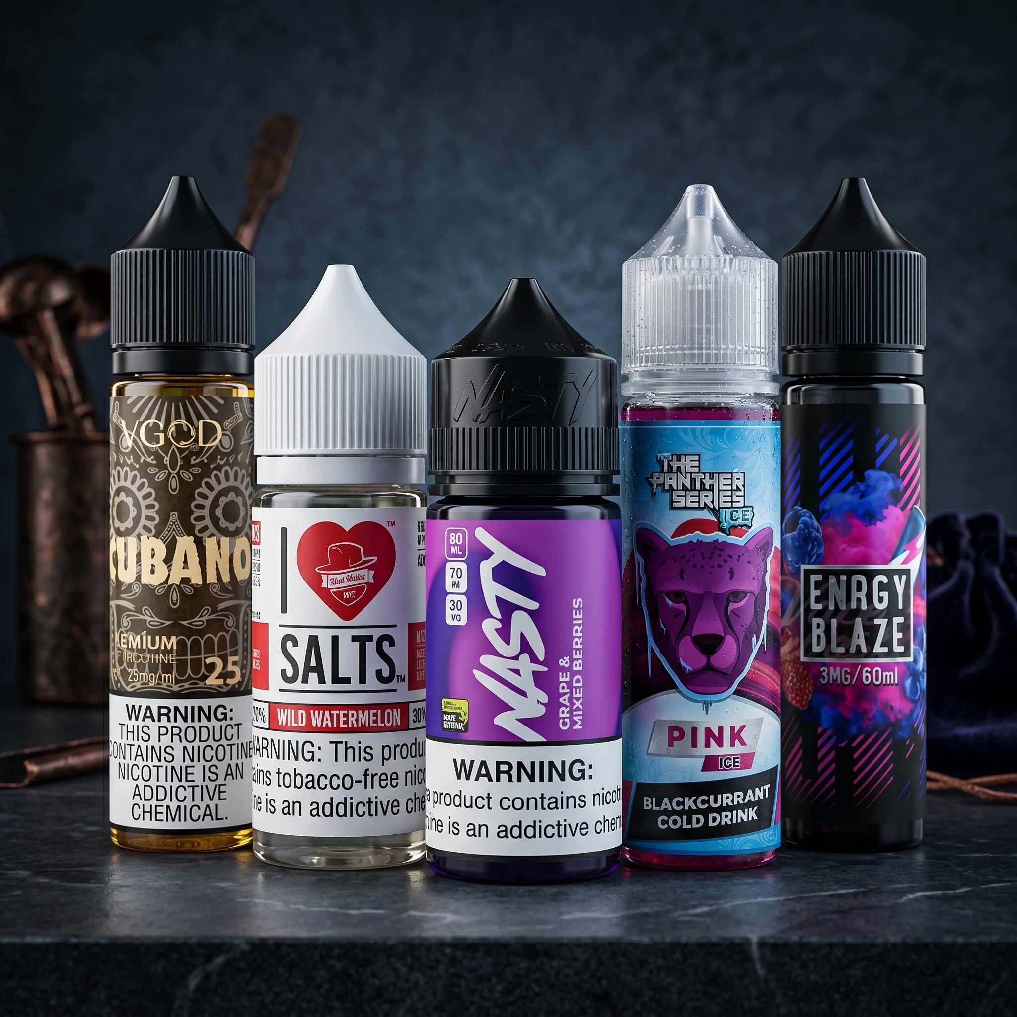Five bottles of different flavors of e-liquid on a dark background
