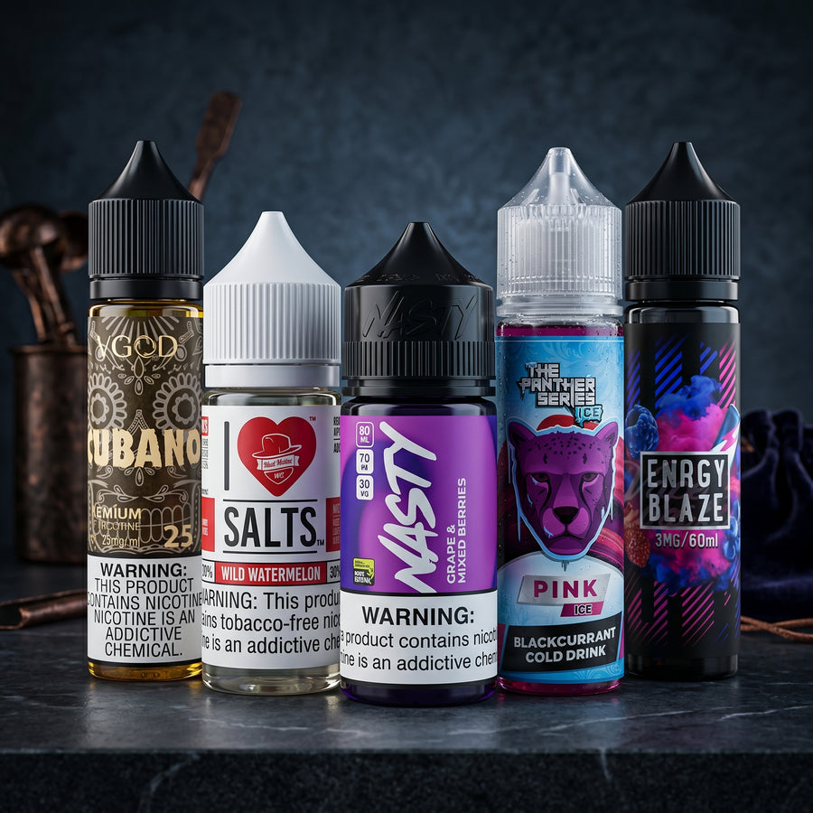 Five bottles of different flavors of e-liquid on a dark background
